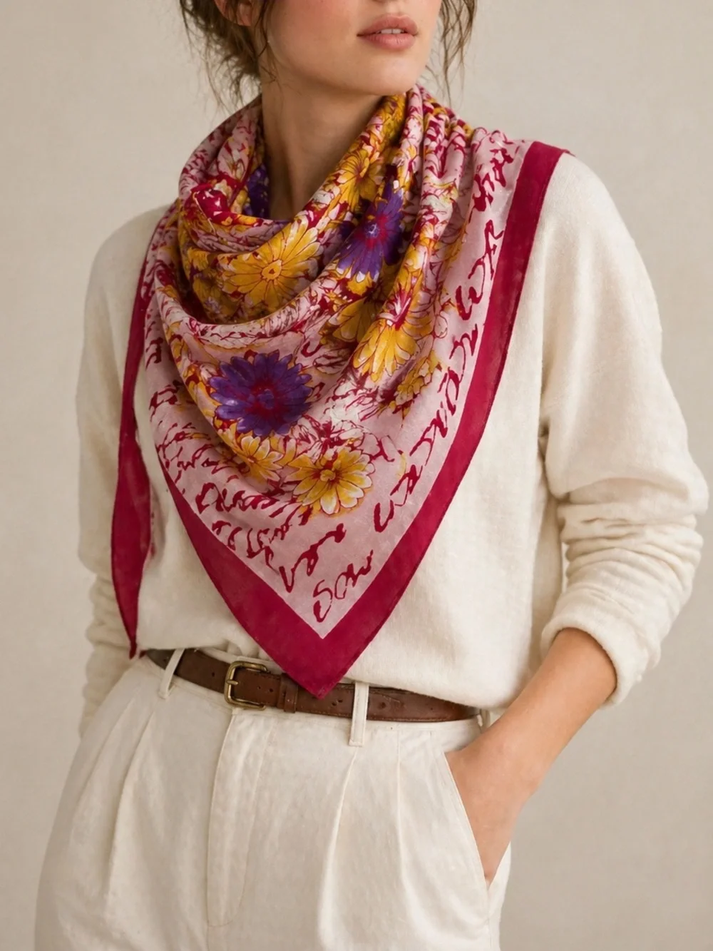 Farfalla Seta Wool Floral Scarf 44” Square Pink Purple Script Cottagecore Boho